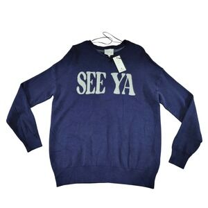 Pink Rose Navy Blue SEE YA Graphic Crewneck Sweater Womens Size S